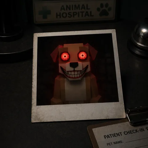 Stylised illustration of the Cursed Photo tell: a check-in photo with glowing bloodshot eyes and a grin.