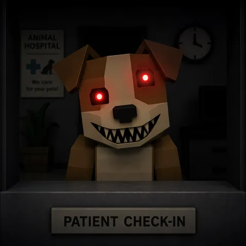 Stylised illustration of the Mismatched Eyes and Sharp Teeth anomaly: uneven glowing eyes and a sharp-toothed grin.