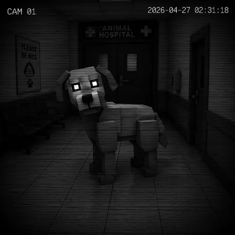 Stylised illustration of the Staring at the Camera CCTV tell: a security feed where the animal stares into the lens.