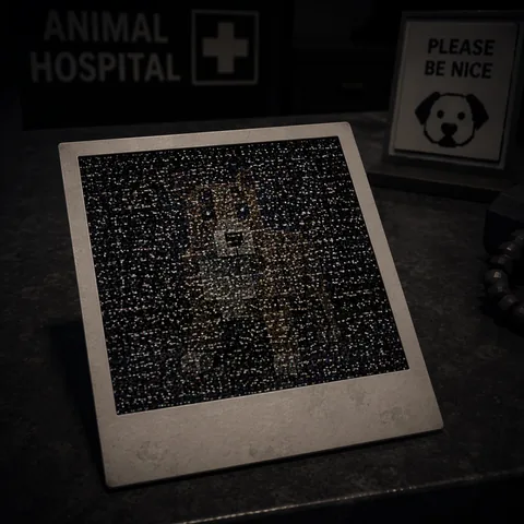 Stylised illustration of the Static Photo tell: a check-in photo covered in grainy static.