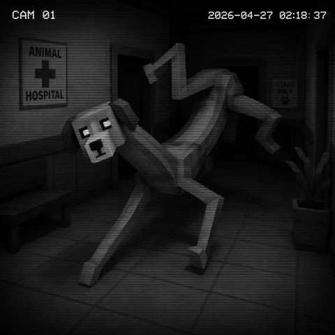 Stylised illustration of the Stretched Body CCTV tell: a security feed showing an elongated, distorted body.