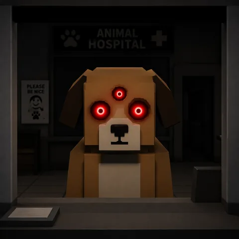 Stylised illustration of the Three Eyes anomaly: an animal patient with three glowing red eyes.