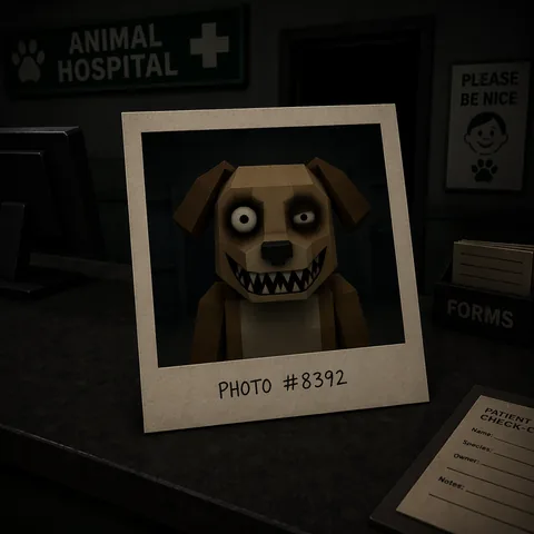 Stylised illustration of the Unnatural Photo tell: a check-in photo showing a grotesque grinning face.